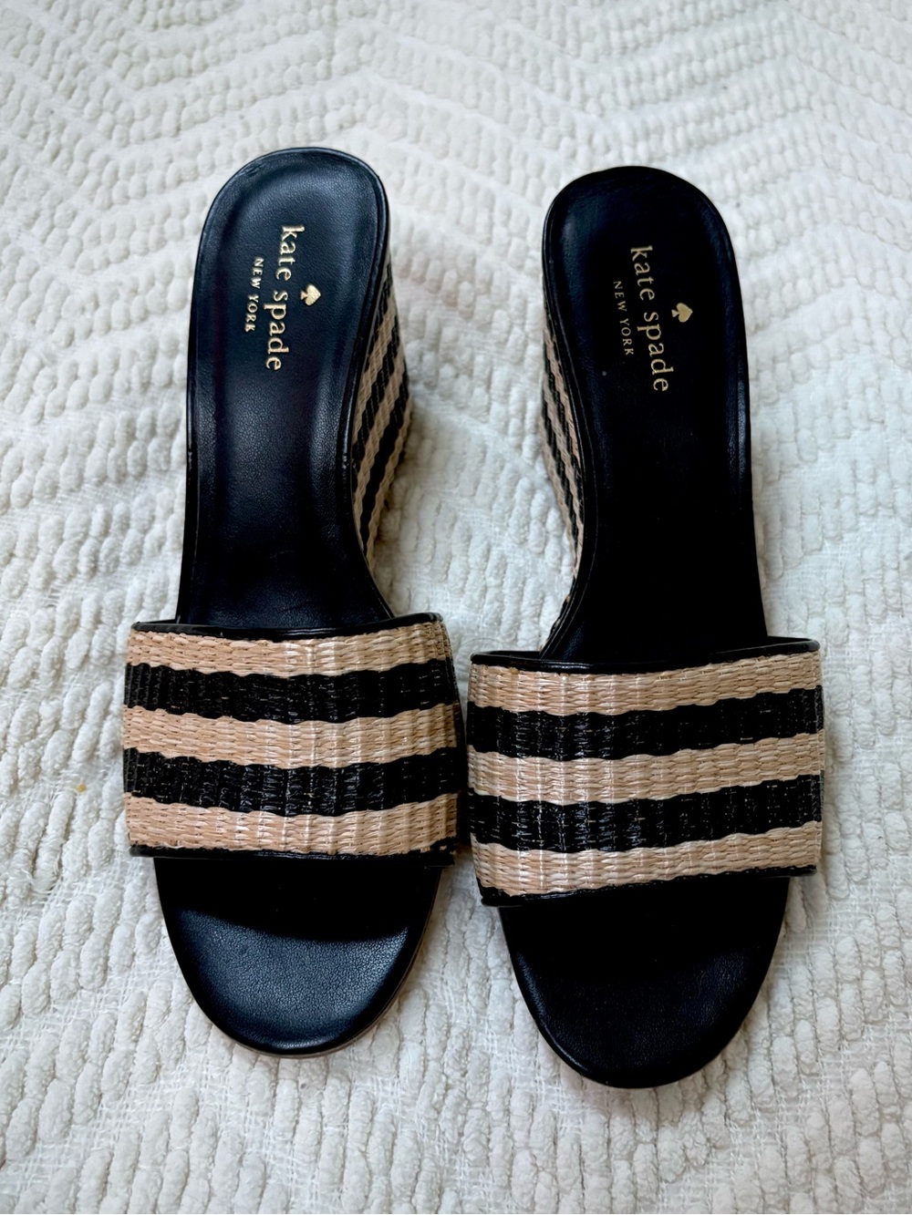kate spade Black Leather and Beige Wicker Striped Wedge Slide Sandals